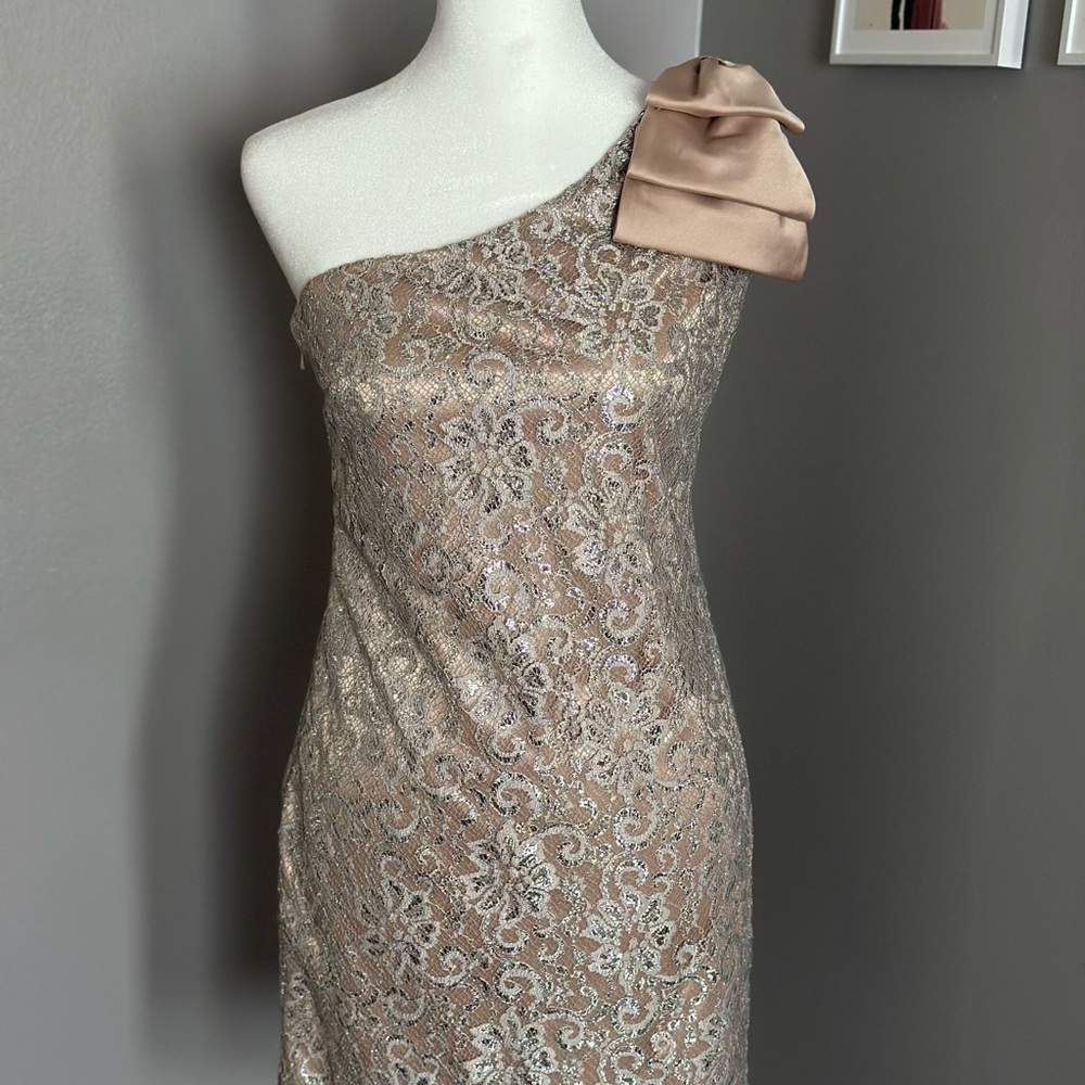 Bloomingdale’s Pink & Silver lace mini dress with bow- size 0